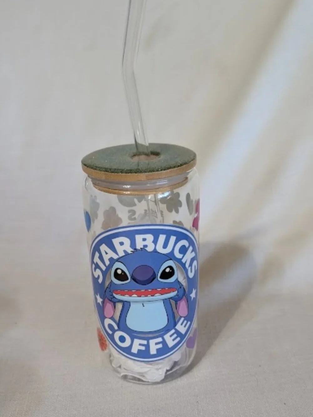 16oz Glass “CAN” Tumbler featuring a Starbucks – inspired Stitch design